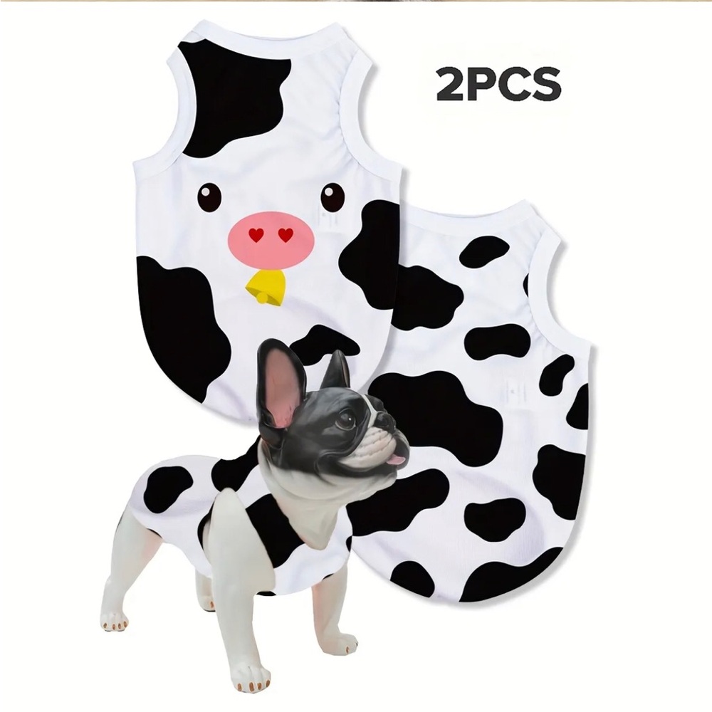 2-pc Cow Print Small Pet T-Shirt Costume Set - Cat, Dog - Black and White